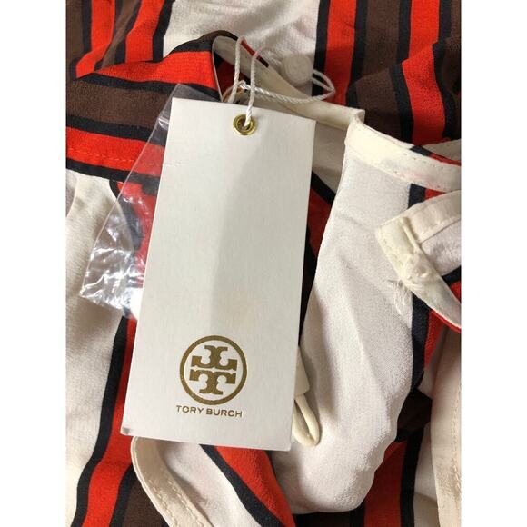 Tory Burch Maverick Top 100% Silk Flare Sleeve Striped Ivory Red NWT 0 - Picture 9 of 12